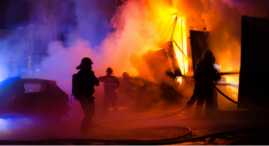 Firefighters fighting fire at night